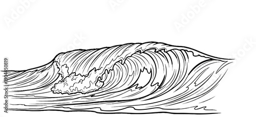 A dynamic, black and white illustration of a large ocean wave breaking