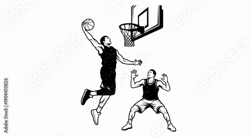 A dynamic black and white illustration of two basketball players in mid-action