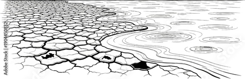 A dry, cracked land meets a body of water with ripples