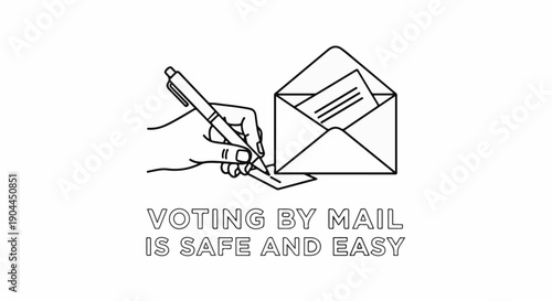 A hand with a pen fills out a ballot next to an open envelope