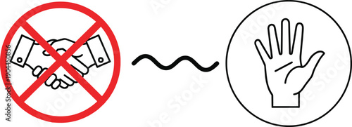 No handshake sign with stop hand icon, social distancing safety rule concept, contactless greeting awareness, hygiene prevention vector illustration isolated
