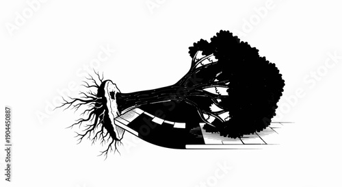 A fallen tree with exposed roots lies across a road and sidewalk