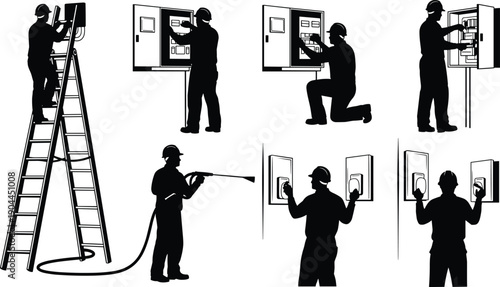 Electrician worker silhouettes repairing electrical panel, maintenance installation service concept, professional technician safety work, black vector 