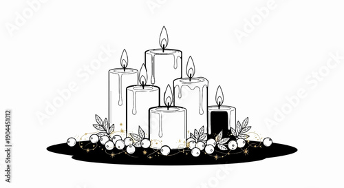 A festive arrangement of lit candles with festive foliage and berries