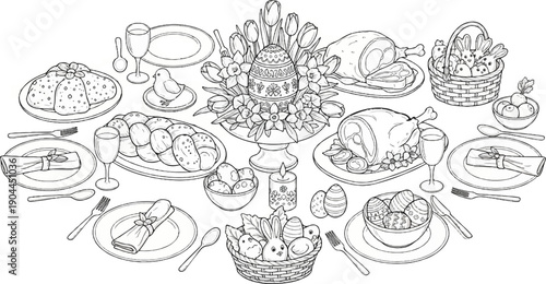 A festive Easter table setting with roasts, decorated eggs, and floral arrangements