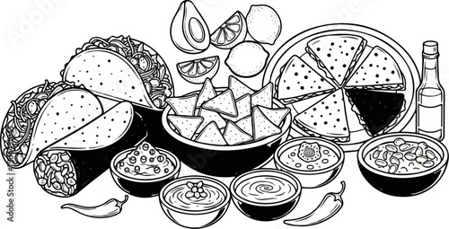 A festive spread of Mexican food and ingredients in a line drawing