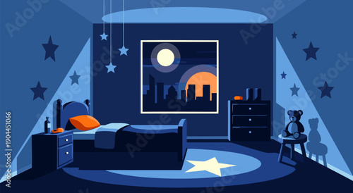 Vector Illustration of a Peaceful Bedroom at Night with a Window View of a Cityscape and Moon