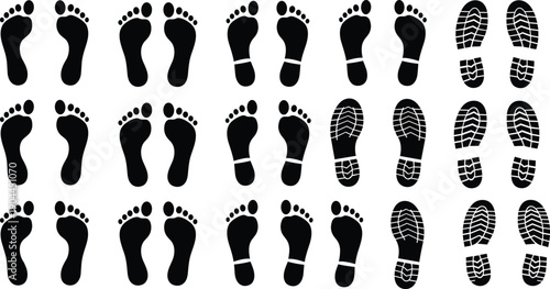 Human footprint and boot print silhouette vector illustration set, black bare feet and shoe sole icons, walking path trail graphics, tracking design elements.