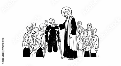A figure with a halo touches a man on crutches surrounded by people