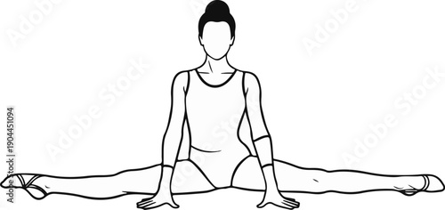 A figure in a leotard performs a wide leg split, arms extended