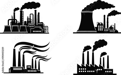 Industrial Factory Silhouette Set, Manufacturing Plant Building Icons, Power Station with Smoke Stacks, Heavy Industry Energy Production Vector Illustration, 