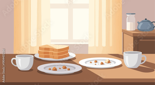 A simple breakfast scene with toast, cups, and a teapot on a wooden table