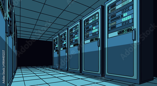 Digital Data Center Server Racks Futuristic Blue Glow - Vector Illustration of a Modern Network Infrastructure