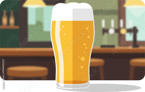 A frothy glass of beer sits on a bar counter in a dimly lit pub