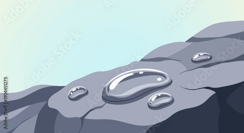 A minimalist illustration of water droplets on gray rocks under a pale blue sky