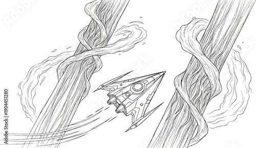 A futuristic craft navigates through swirling ethereal streams, light-speed