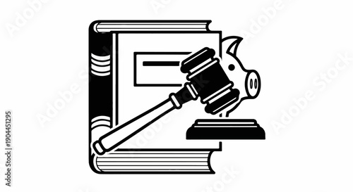 A gavel strikes a piggy bank on stacked books representing law and finance