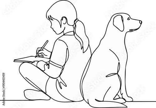 A girl sits on the floor writing in a notebook next to a dog