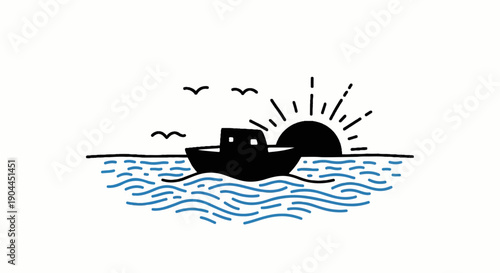 A simple graphic depicts a black silhouette boat on blue, wavy water with a rising sun