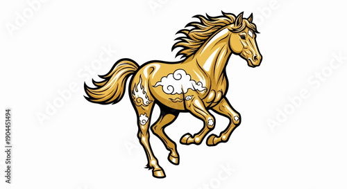 A golden horse with ornate cloud designs gallops energetically against a white background