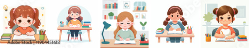 Vector of a little girl studying. Vektor, icon, set icon, minimalist, flat
