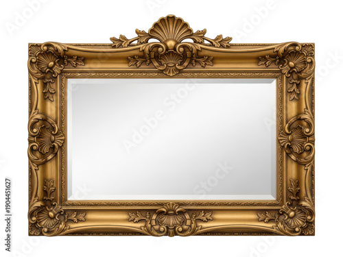 A large gold framed mirror with ornate details