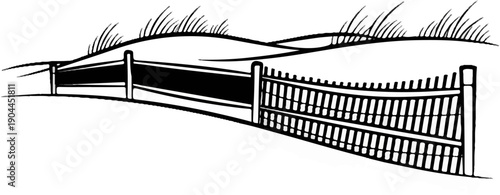 A simple line art depiction of a fence line with grass blowing in the wind