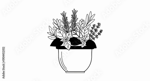 A simple line art illustration of a pot filled with various herbs