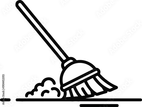 A simple line art icon shows a broom sweeping dust into a pile