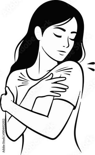 A person with eyes closed hugs their arm, with lines indicating gentle self-care or comfort