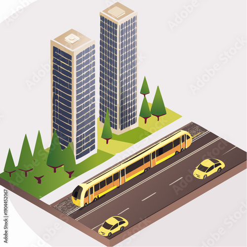 Isometric illustration of a smart cityscape with a modern tram, cars, and sleek skyscrapers amidst greenery on a clean road, representing urban planning and smart city solutions.