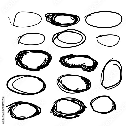 Hand drawn vector illustration of black circles shapes. Brush lines and grunge texture create a creative and expressive design set