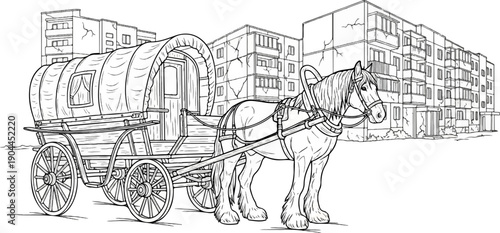 A horse-drawn wagon stands before rundown apartment buildings, a stark contrast