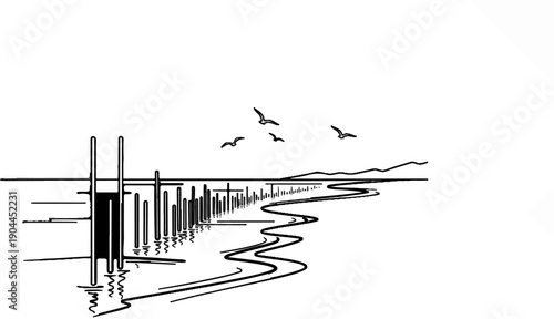 A minimalist line art depiction of a pier and ocean with birds flying overhead
