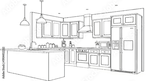 A minimalist line drawing depicts a spacious, modern kitchen with an island