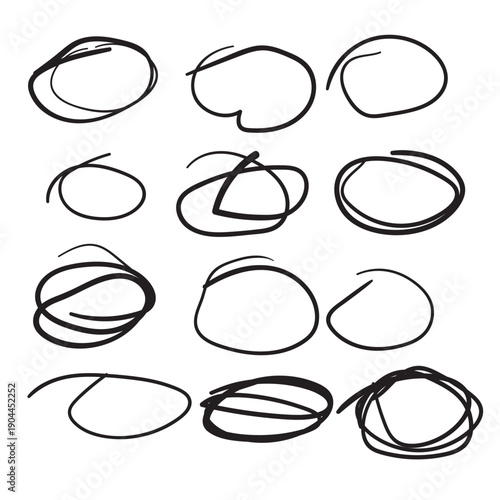 Hand drawn vector illustration of black circles shapes. Brush lines and grunge texture create a creative and expressive design set