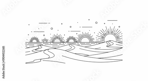 A minimalist line drawing of a desert landscape at sunrise with multiple suns