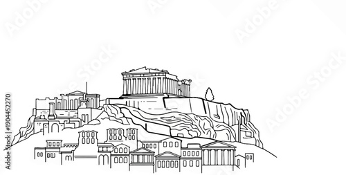 A minimalist line drawing depicts ancient architecture on a rocky hilltop