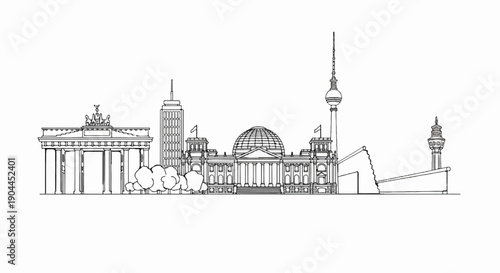 A minimalist line drawing showcases a city skyline featuring historical landmarks
