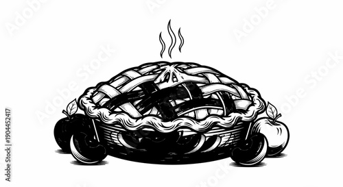 A hot, woven-top pie sits on a white background with apples and cherries