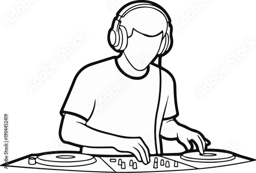 A person wearing headphones is mixing music on turntables with a mixer