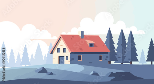 A simple, stylized house sits nestled among pine trees under a pastel sky