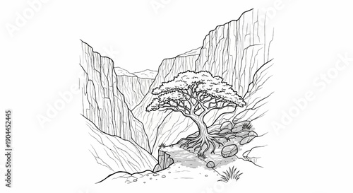 A lone tree with gnarled roots clings to a rocky ledge in a deep canyon