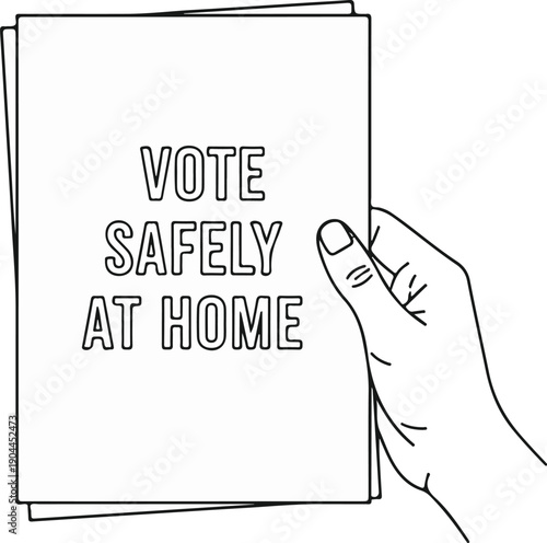 A hand holds a document with the words "VOTE SAFELY AT HOME" printed on it