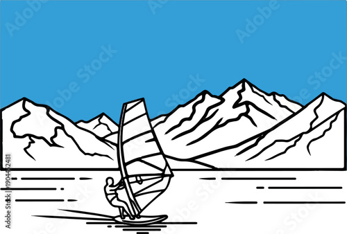 A lone windsurfer glides across a calm lake against a backdrop of majestic snow-capped mountains