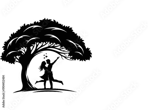 A silhouette of a couple embracing under a large, leafy tree