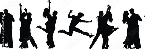 Dancing people silhouettes celebrating together, happy couples group party concept, energetic movement joy freedom, black vector illustration set nightlife music festival event