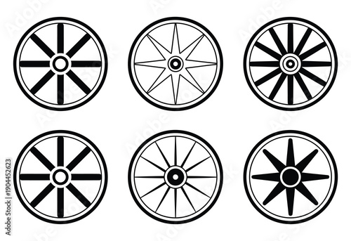 Collection of six vector wagon wheels in varying spoke designs