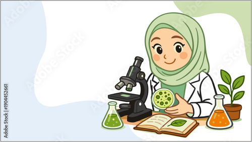 Muslim Female Scientist Working with Microscope and Plants in Laboratory Cartoon Illustration