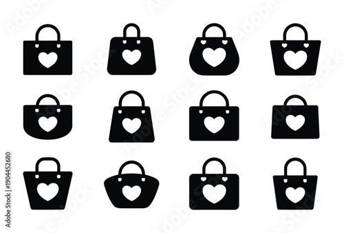 Black and white vector images of handbags with heart designs arranged neatly in a grid
